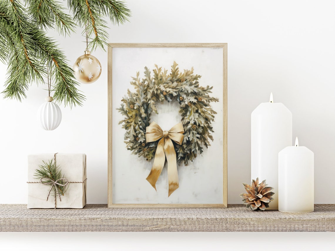 Winter Christmas Wreath Greenery Gold Bow Minimalist Farmhouse Poster - Image 2