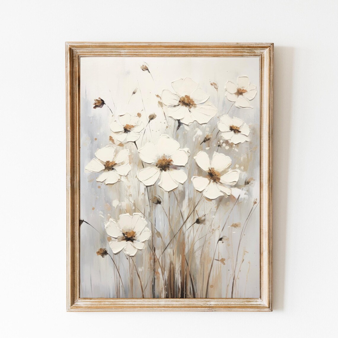 White Cosmos Flowers With Brown Centers On Beige Painting Poster