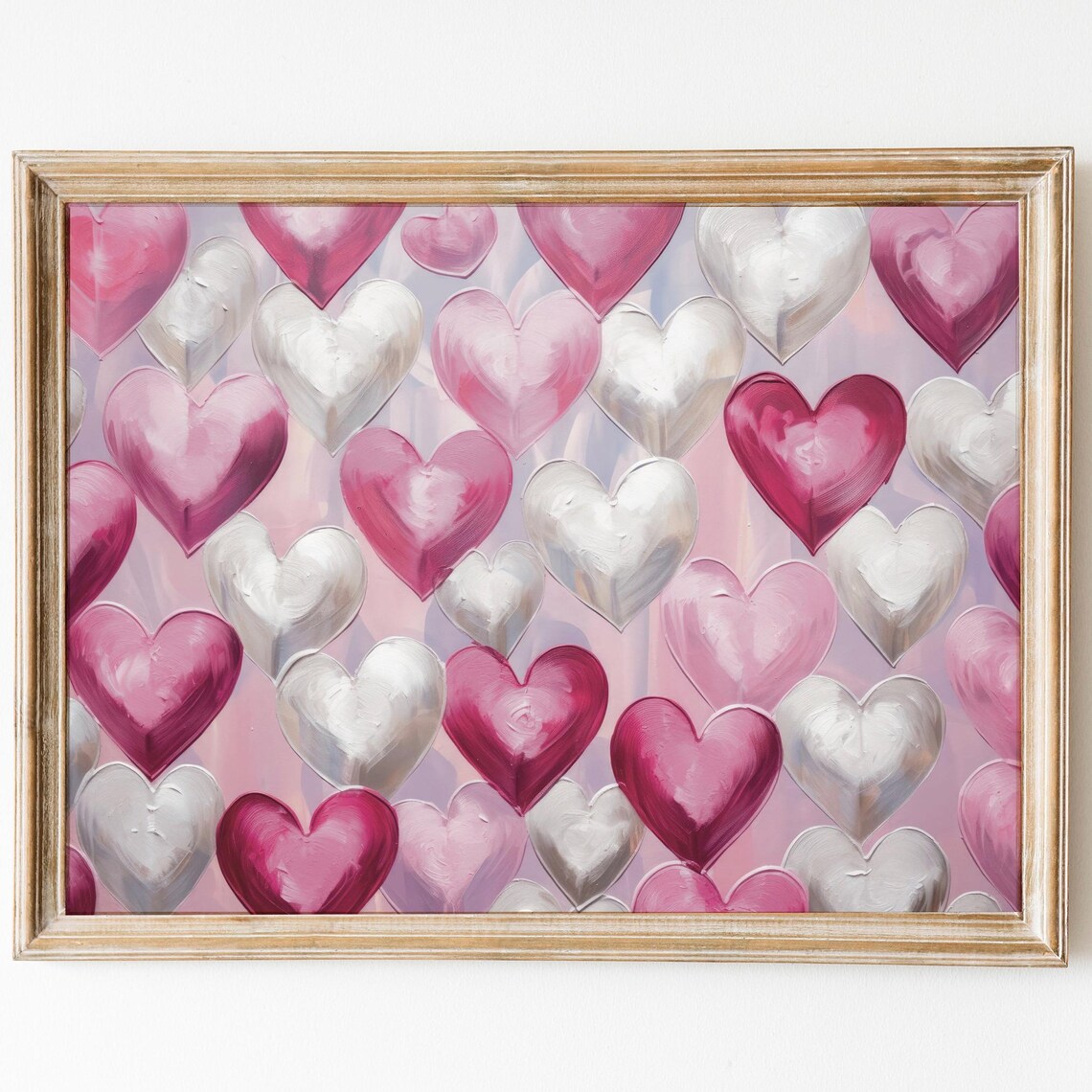 Metallic Pink Silver Impasto Hearts Shimmering Valentine Poster