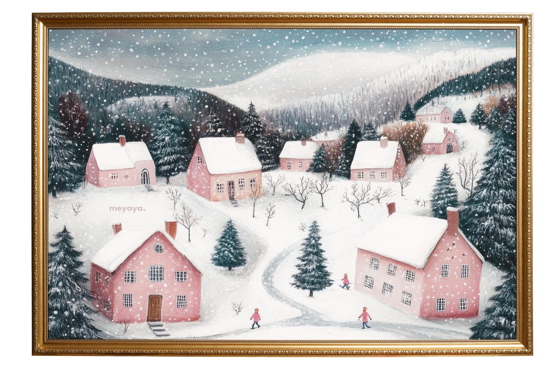 Pink Christmas Village Painting Pastel Village Print Vintage Christmas Town Pink Winter Wall Art Holiday Poster Trendy Christmas Decor - Image 6