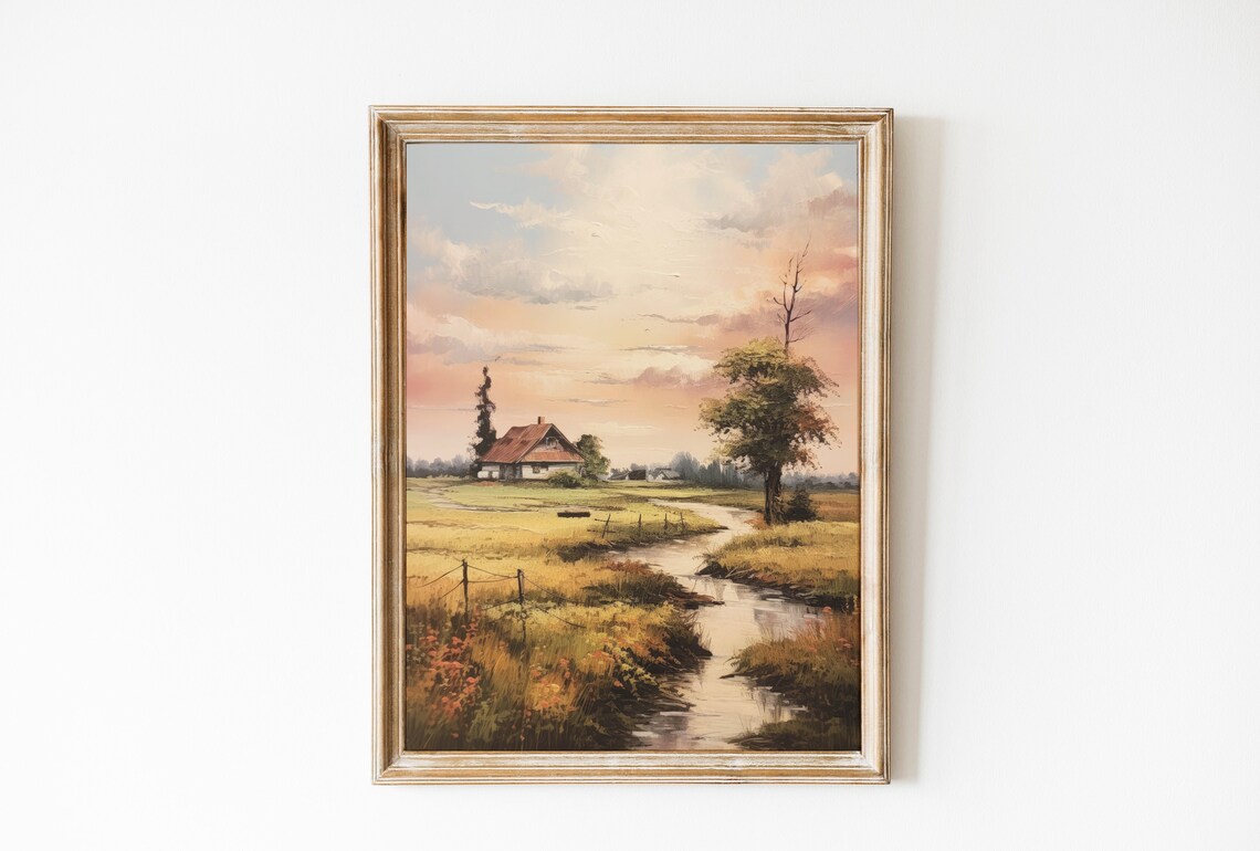 House In Countryside Wall Art Spring Meadow Farmhouse Decor Vintage Country Field Print Cottage Art Print River Painting Moody Wall Art