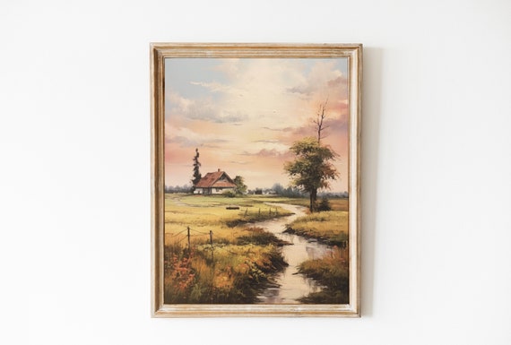 House In Countryside Wall Art Spring Meadow Farmhouse Decor Vintage Country Field Print Cottage Art Print River Painting Moody Wall Art