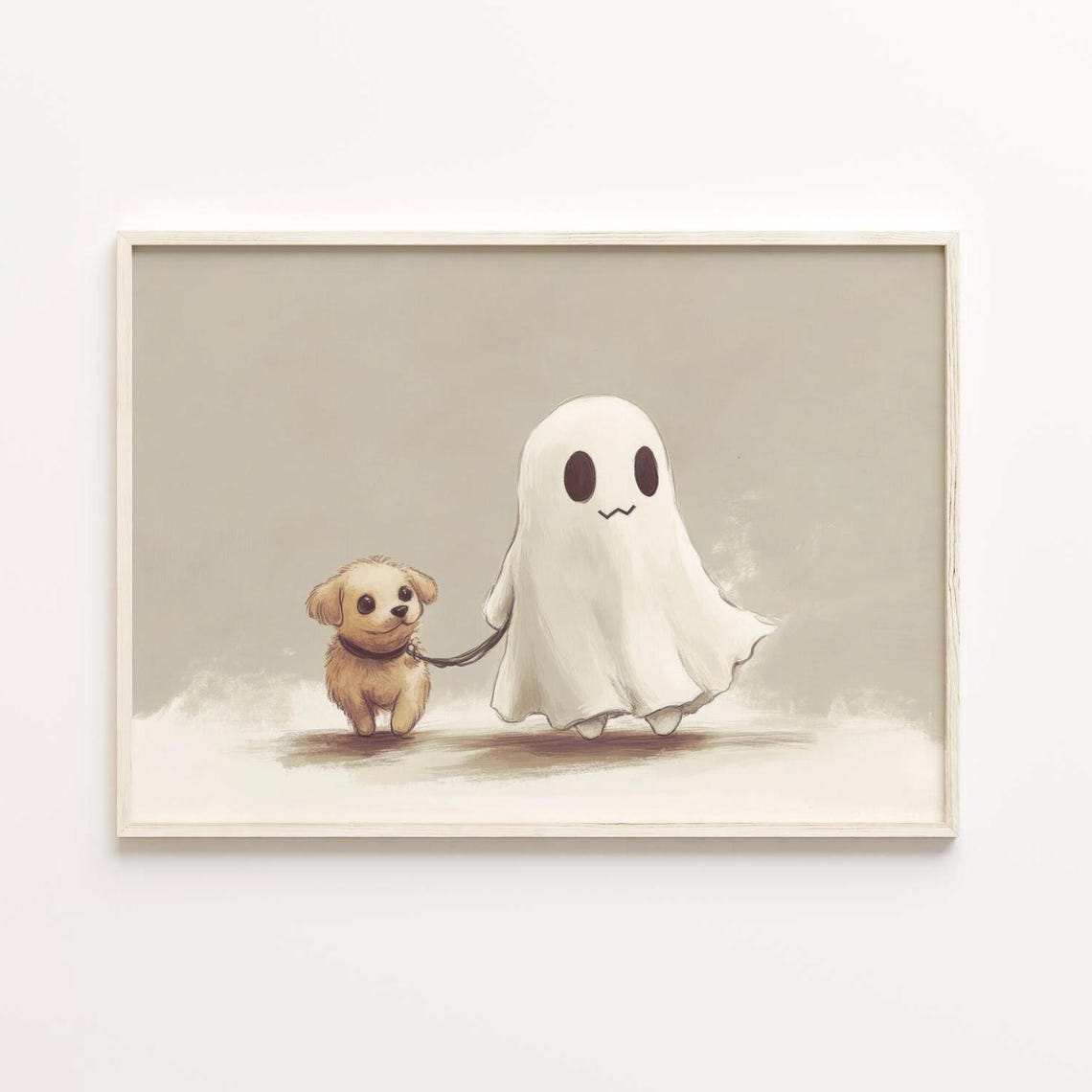 Cute Ghost Walking A Fluffy Puppy Dog On A Leash Halloween Poster - Image 4