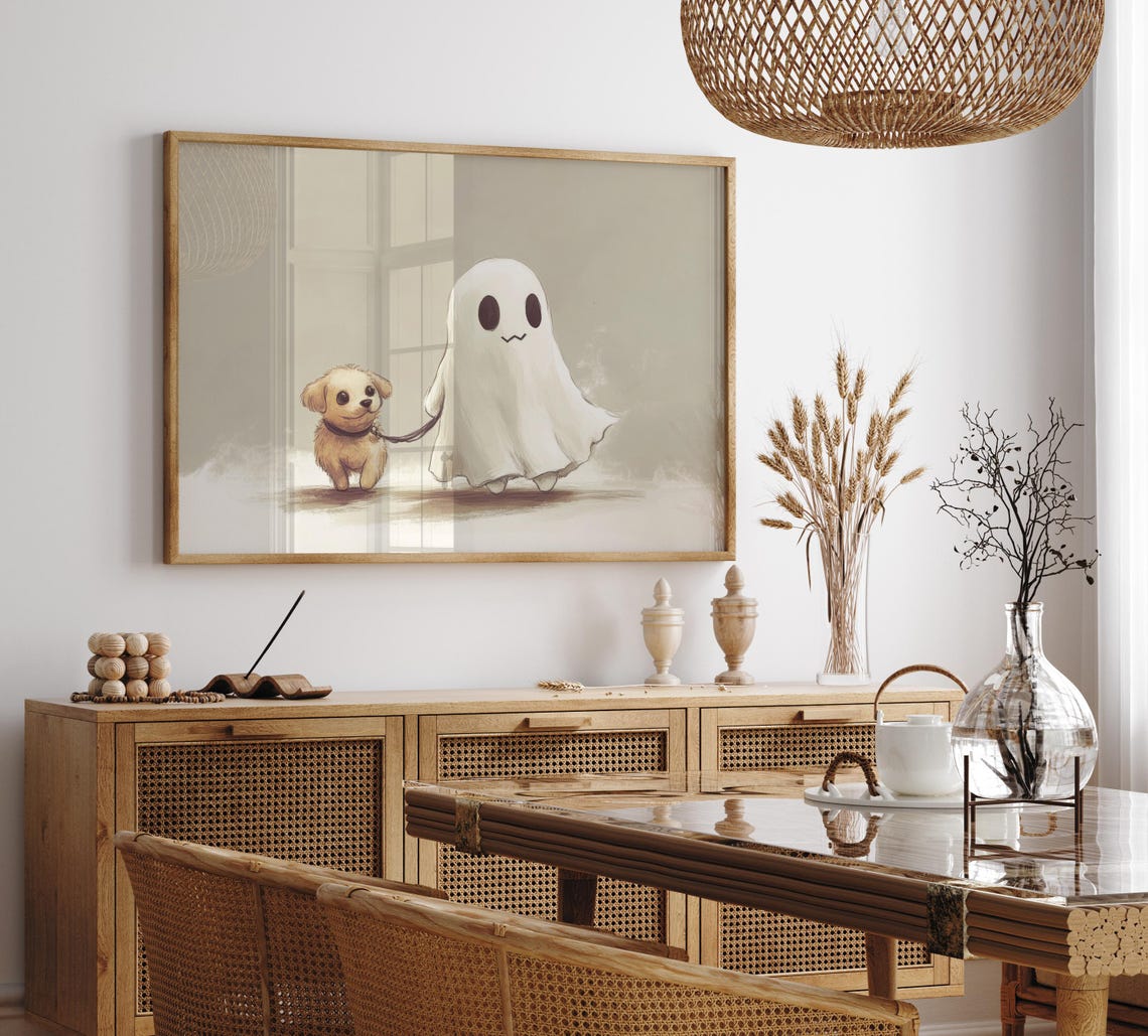 Cute Ghost Walking A Fluffy Puppy Dog On A Leash Halloween Poster - Image 3
