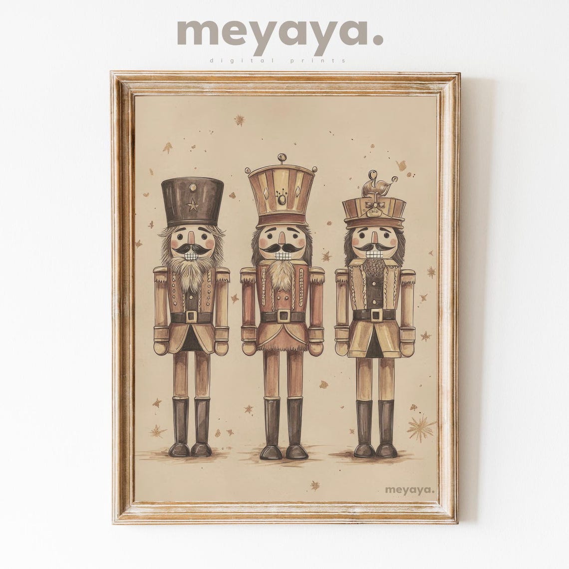 Three Wooden Nutcrackers Starry Tan Vintage Christmas Art Poster