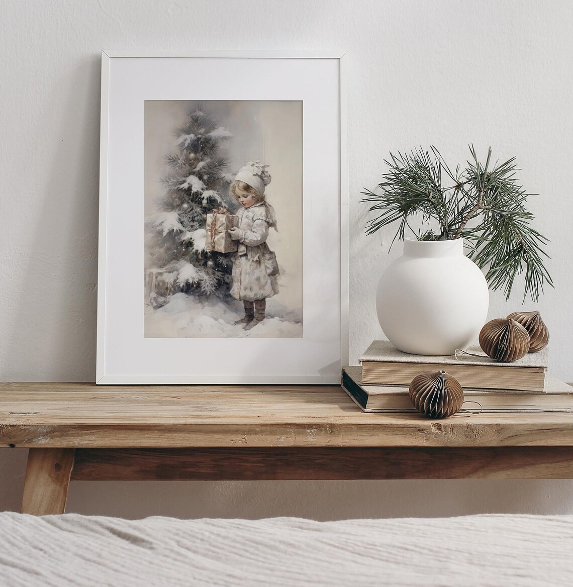 Little Girl With Christmas Gift Snowy Tree Vintage Holiday Poster - Image 3