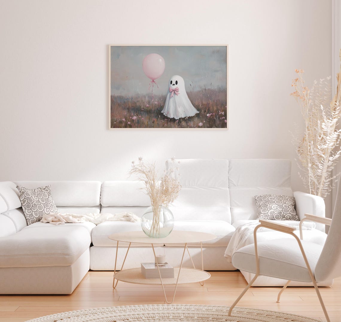 Cute Ghost With Pink Bow Holding A Balloon In A Meadow Poster - Image 3
