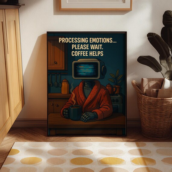 Funny Retro Robot Coffee Quote Processing Emotions Humor Poster