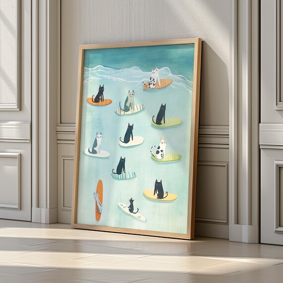 Cute Cats Surfing Ocean Waves Whimsical Animal Illustration Poster