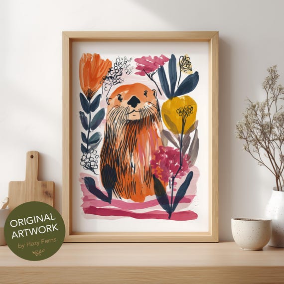 Otter Wall Art Print, Gouache Style Poster