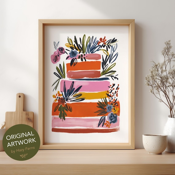 Colorful Layered Cake Flowers Sweet Dessert Gouache Kitchen Print