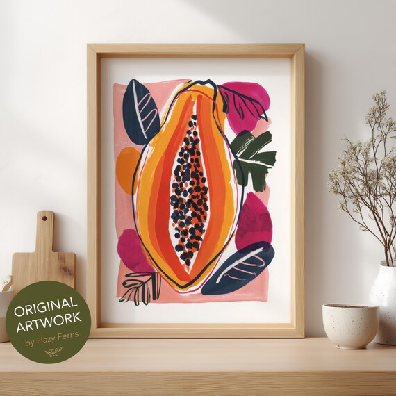 Colorful Papaya Tropical Fruit Art Poster Bold Gouache Kitchen Wall Decor