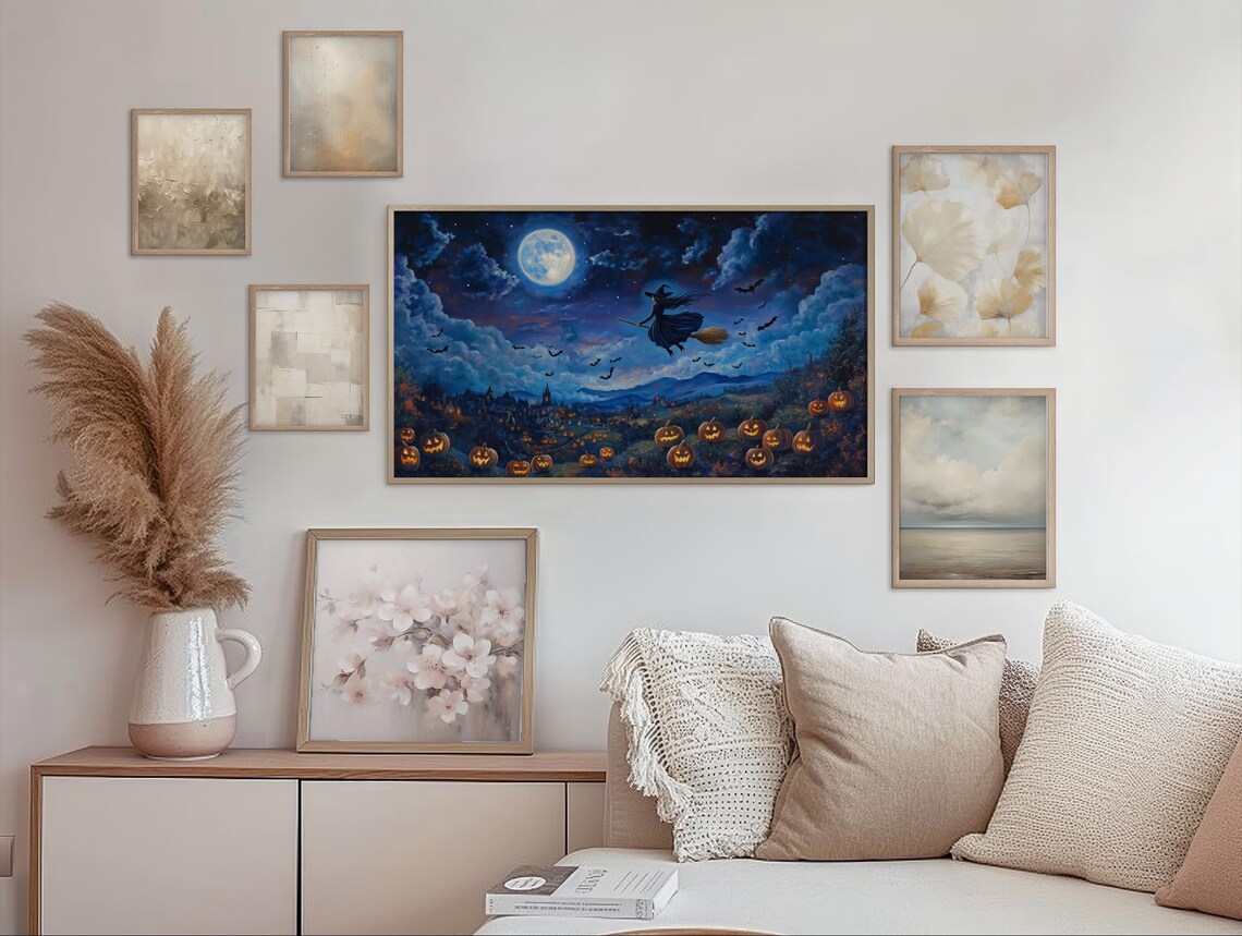 Witch Flying Under Full Moon Over a Field of Jack O Lanterns Halloween Wall Art - Image 2
