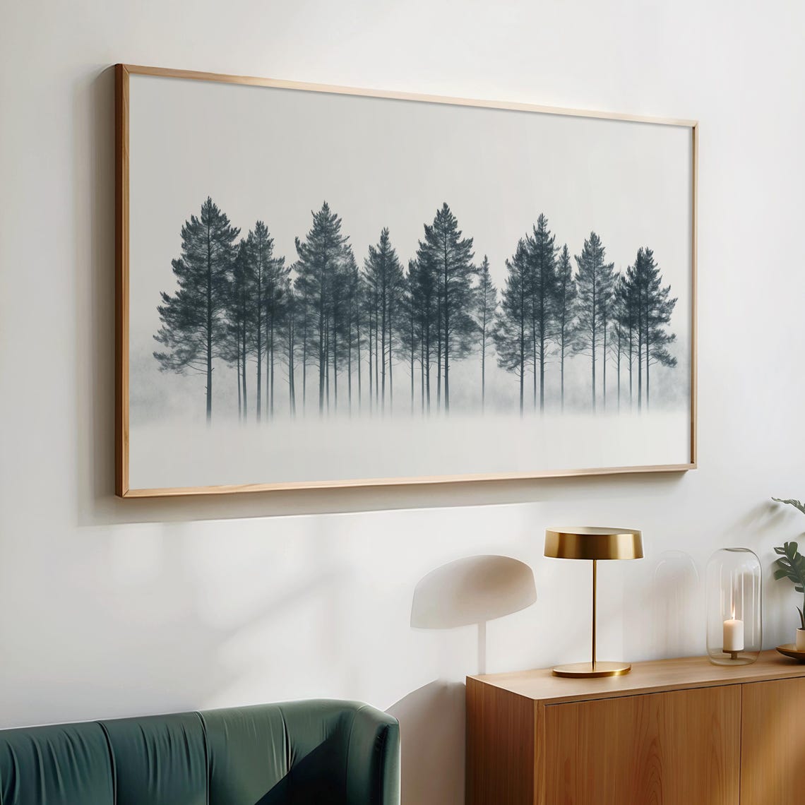 Misty Pine Forest Row Monochrome Tranquil Winter Forest Art Poster - Image 2
