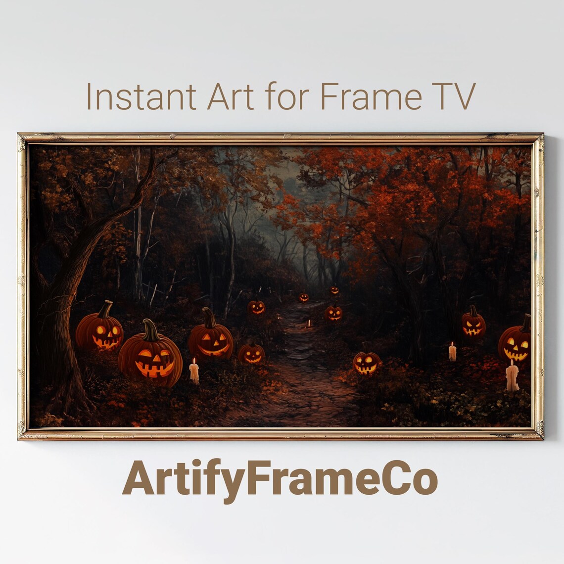 Glowing Jack O Lanterns Lighting a Dark Forest Trail Halloween Scene Wall Art