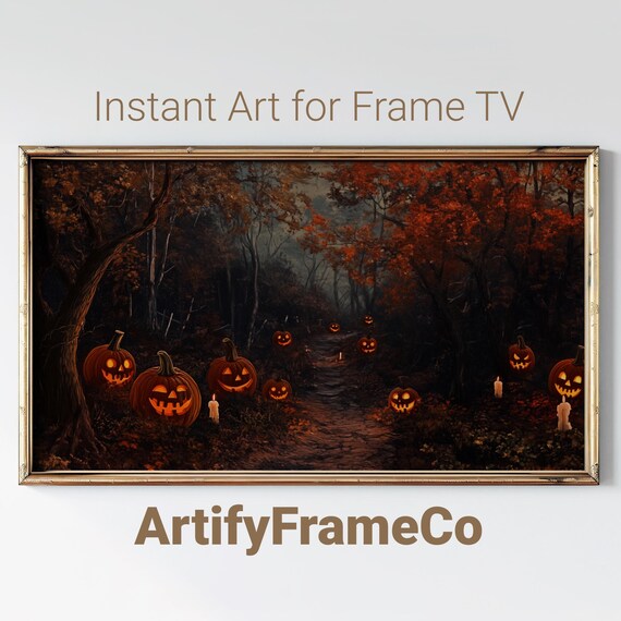 Glowing Jack O Lanterns Lighting a Dark Forest Trail Halloween Scene Wall Art