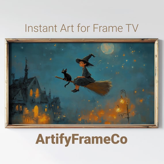 Young Witch and Black Cat Flying on a Broom Under the Moon Halloween Wall Art
