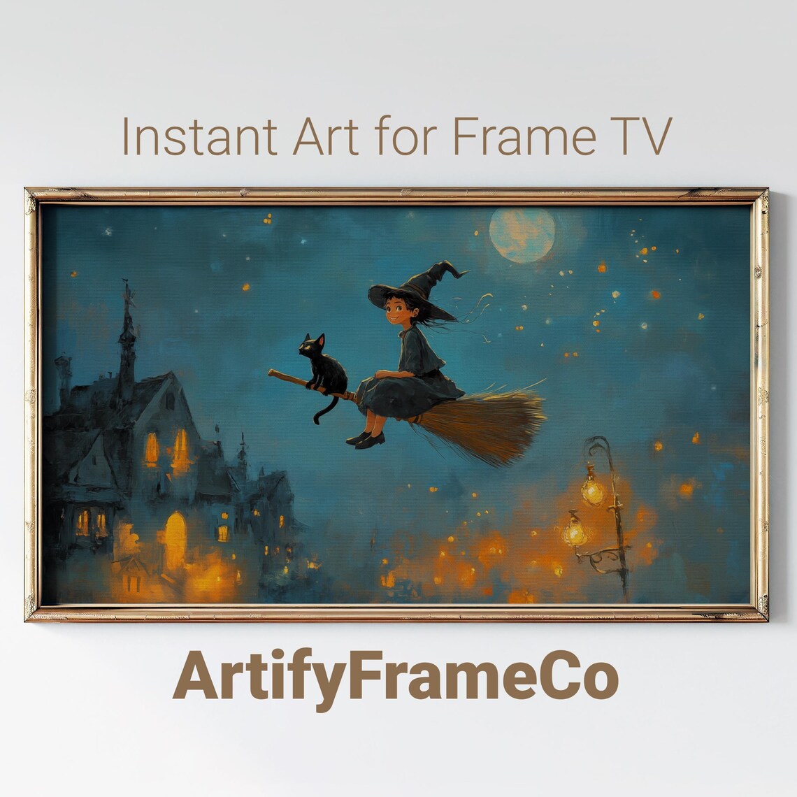 Young Witch and Black Cat Flying on a Broom Under the Moon Halloween Wall Art