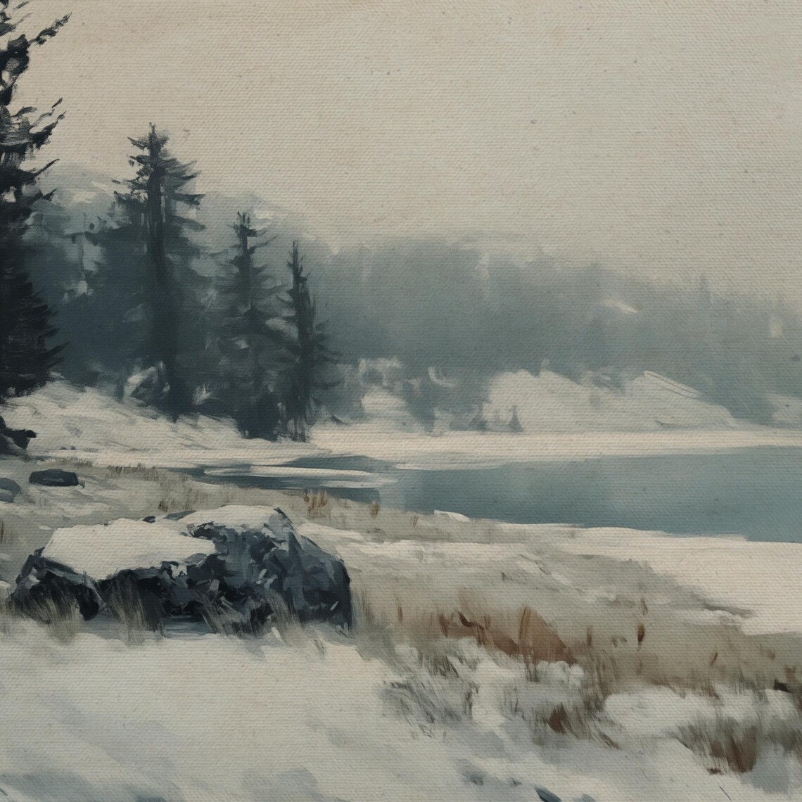 Misty Winter Lake Snowy Pines Rocky Shore Monochrome Landscape Art Print - Image 4