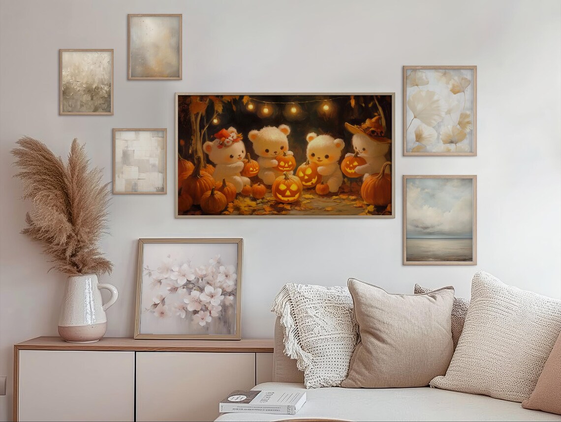 Four Cute Teddy Bears Holding Jack O Lanterns Under String Lights Poster - Image 2