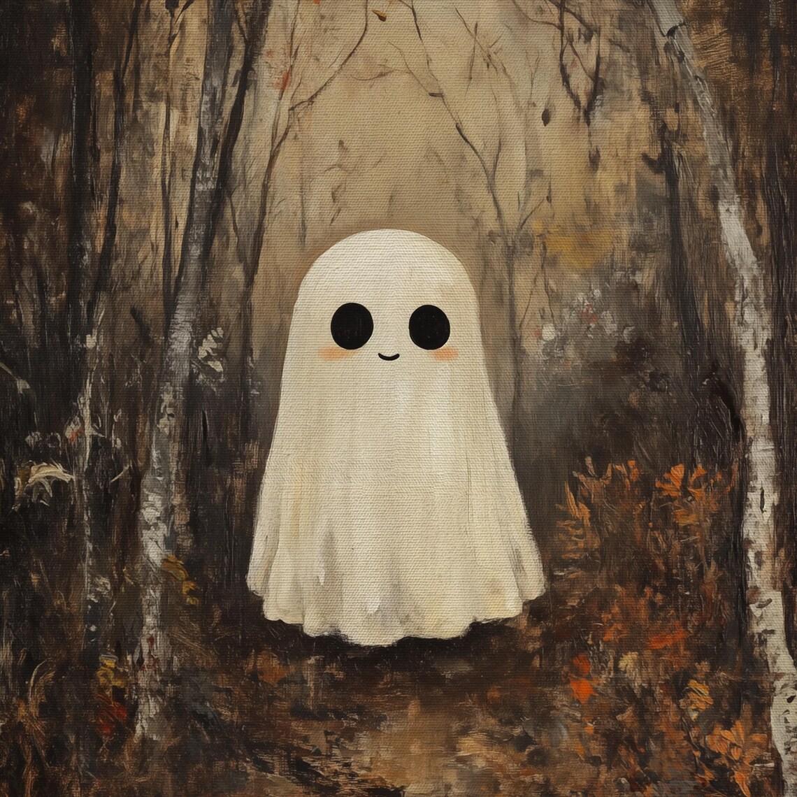 Smiling Ghost in a Dark Autumn Forest Whimsical Vintage Halloween Wall Art - Image 4