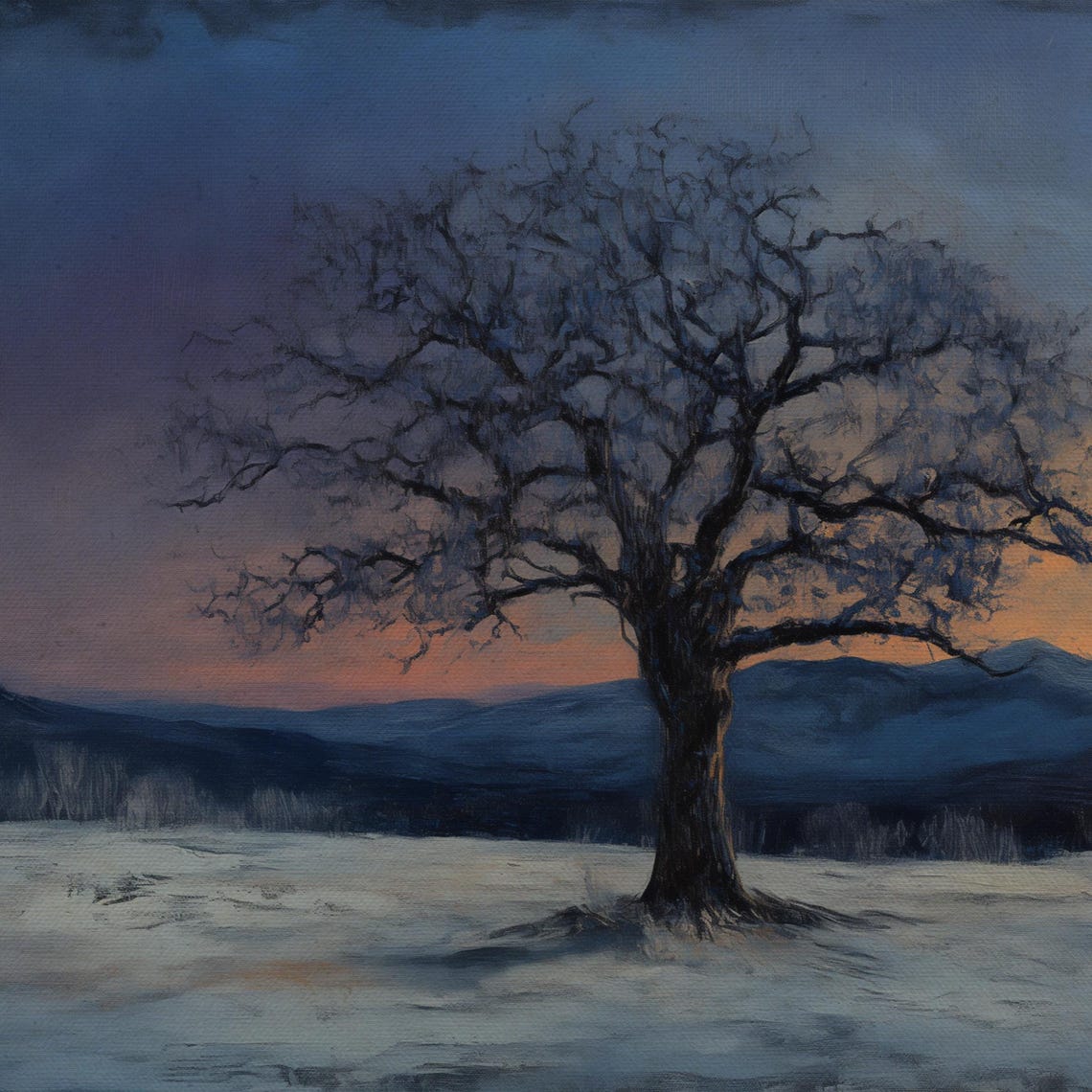Lone Winter Tree Twilight Snowy Field Mountain Frame TV Art Poster - Image 4