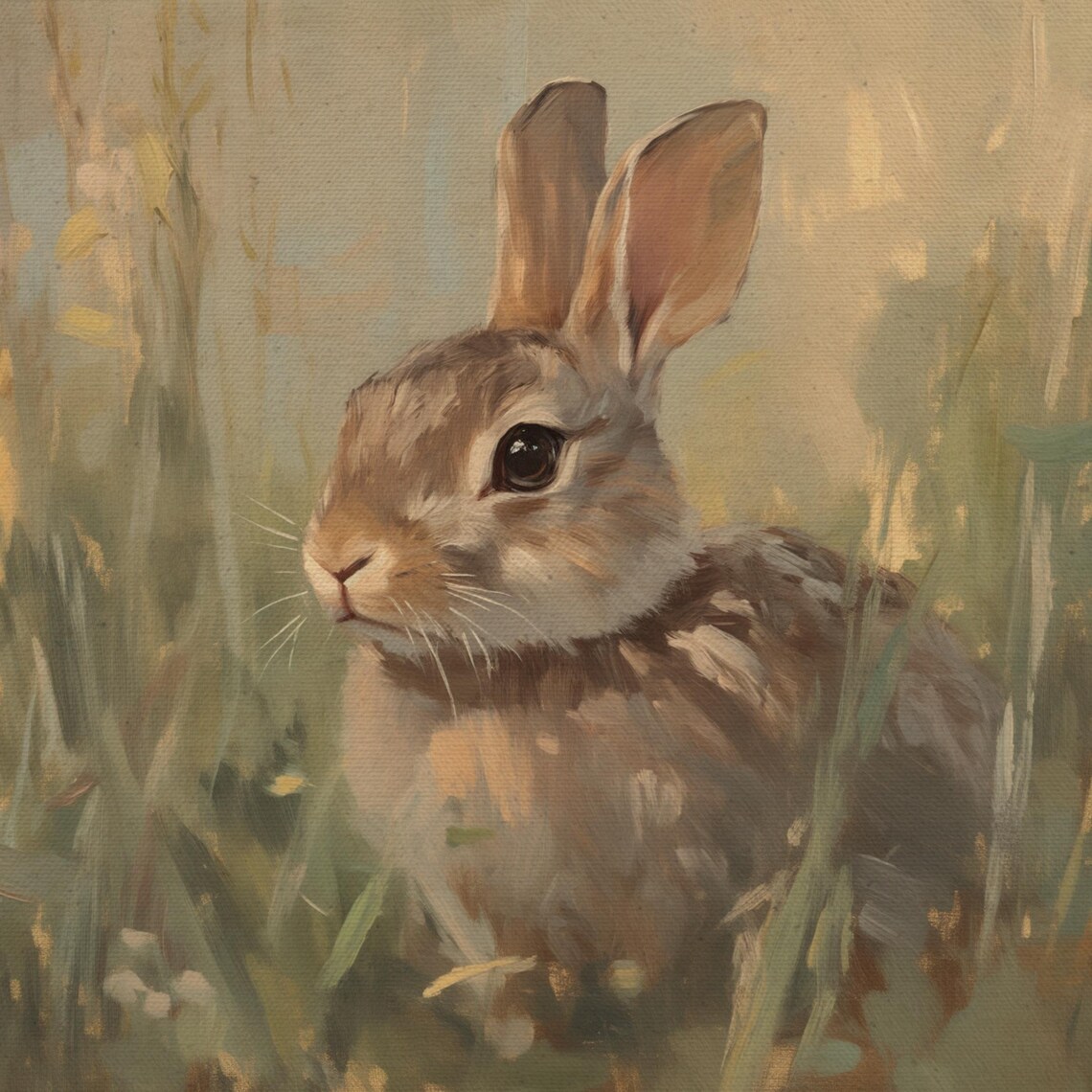 Brown Bunny Rabbit In Tall Wildflowers Soft Neutral Oil Painting Art Print - Image 4