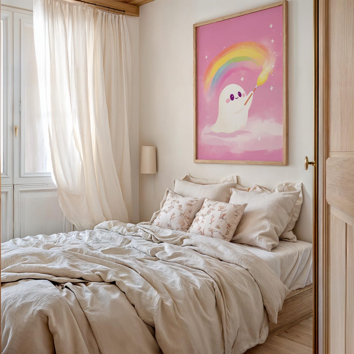 Cute Ghost Painting A Big Rainbow With Magic Brush Pink Poster - Image 2