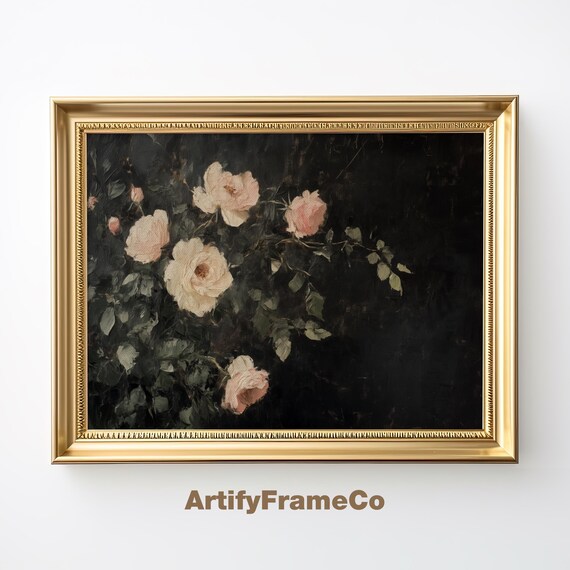 Pink Roses Oil Painting Moody Vintage Floral Wall Art Dark Green Spring Bedroom Decor Wall Art Rustic Art Print Wh0004