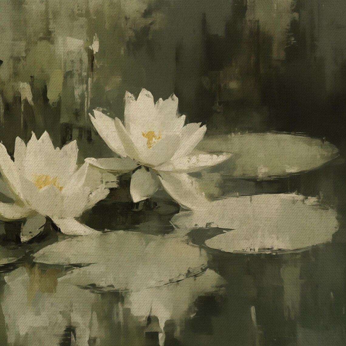 White Water Lilies Dark Green Pond Moody Impressionist Vintage Poster - Image 4