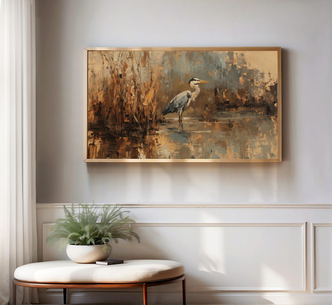 Great Blue Heron Autumn Marsh Water Loose Brushwork Painting Poster - Image 3