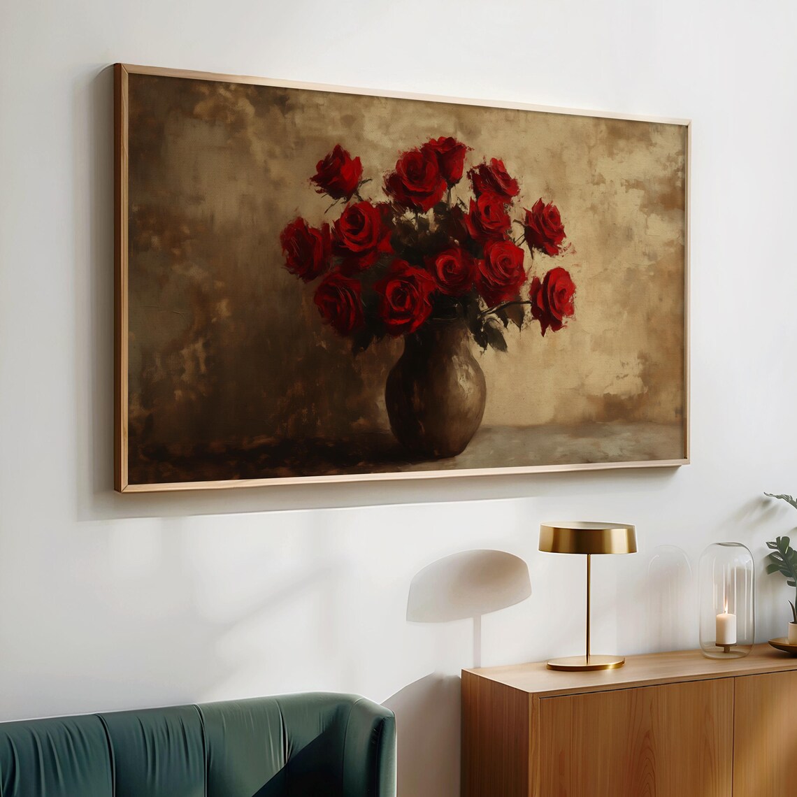 Red Rose Bouquet Moody Dark Vintage Botanical Oil Painting Poster - Image 2