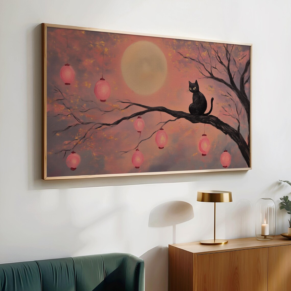 Black Cat on a Branch Under a Pink Moon With Lanterns Halloween Wall Art - Image 4