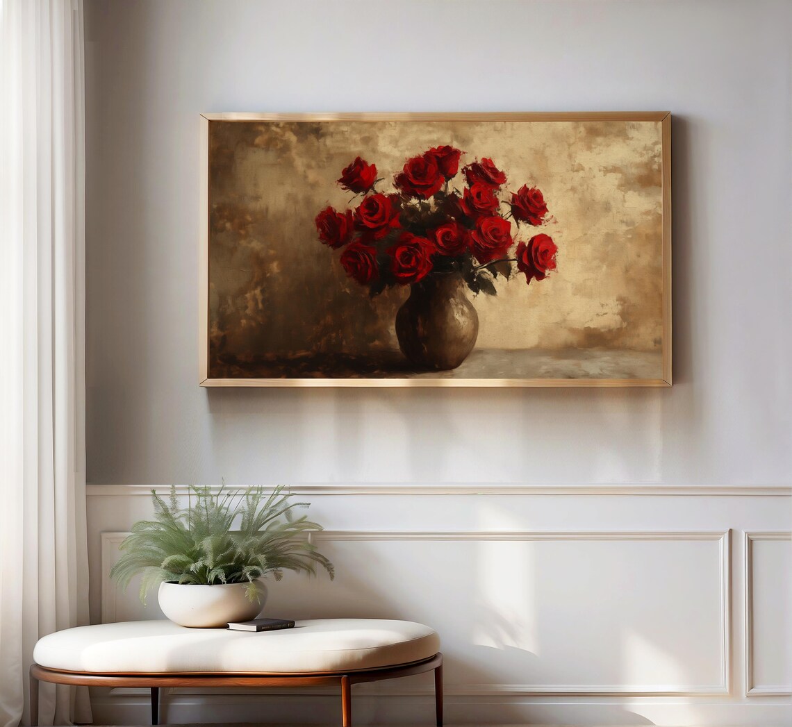 Red Rose Bouquet Moody Dark Vintage Botanical Oil Painting Poster - Image 3