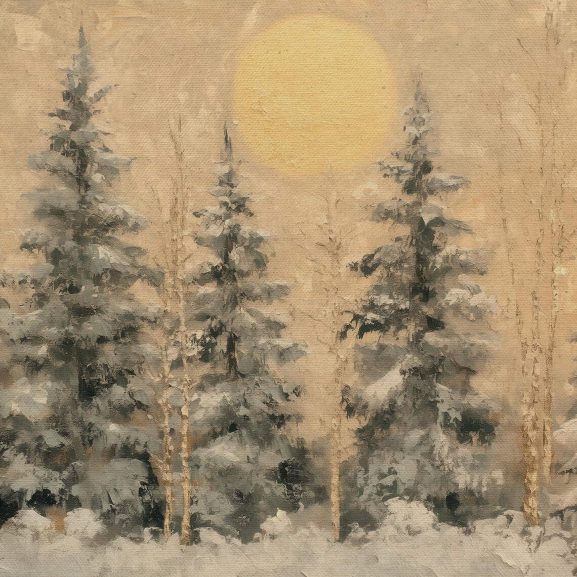 Golden Moon Winter Pines Snowy Forest Oil Painting Style Poster - Image 4