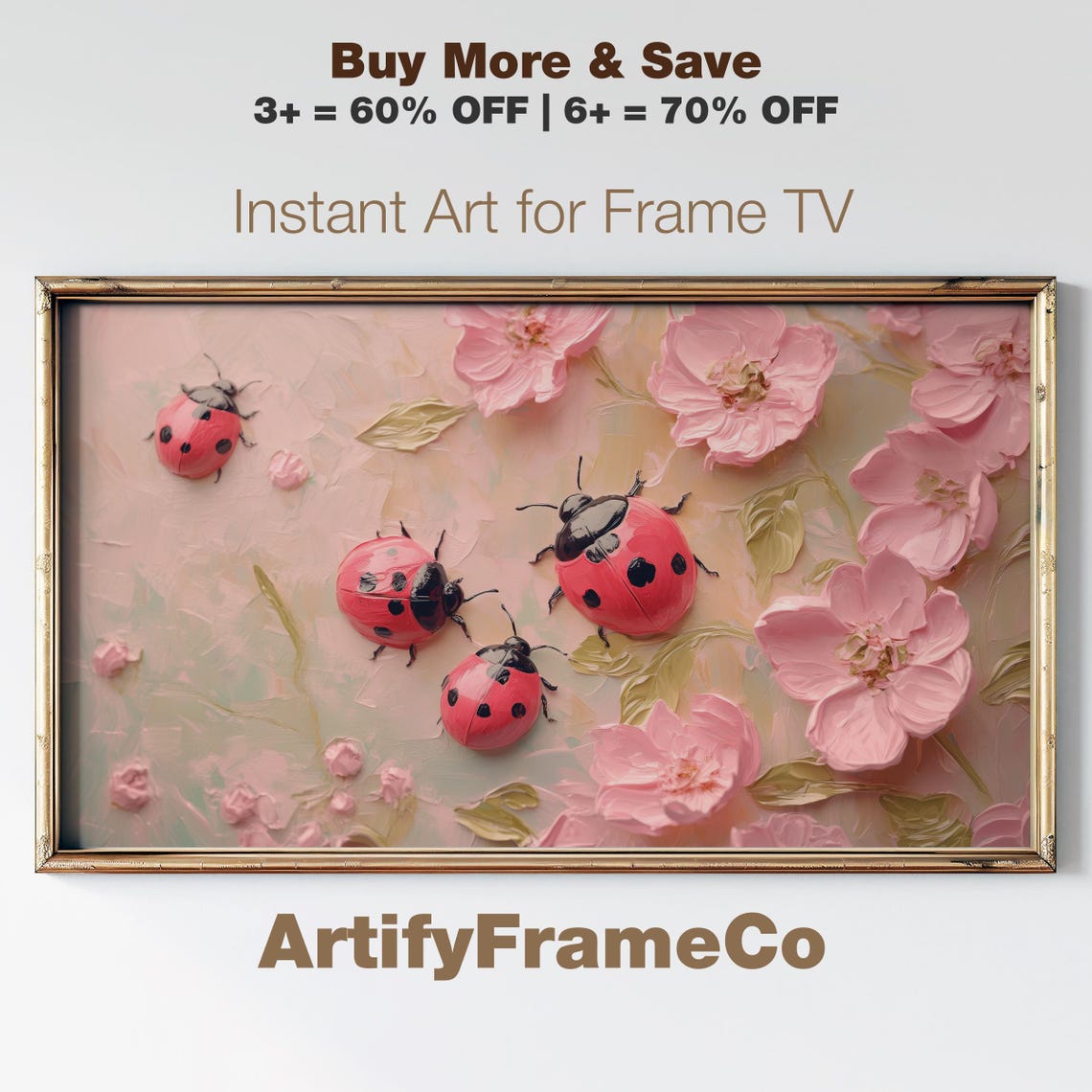 Four Ladybugs Pink Cherry Blossoms Impasto Texture Art Poster