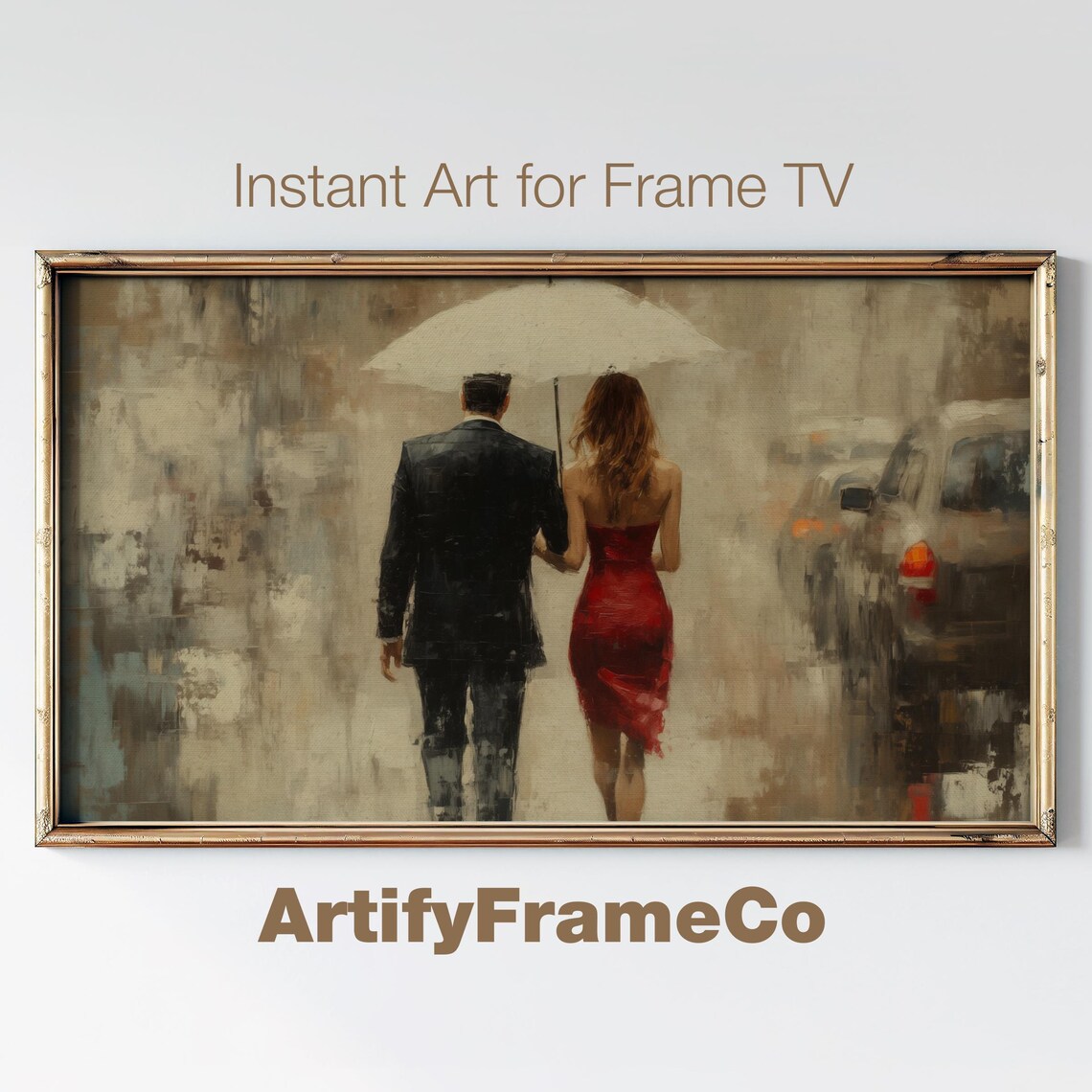 Couple Walking Away Under Umbrella Rainy City Beige Romantic Poster