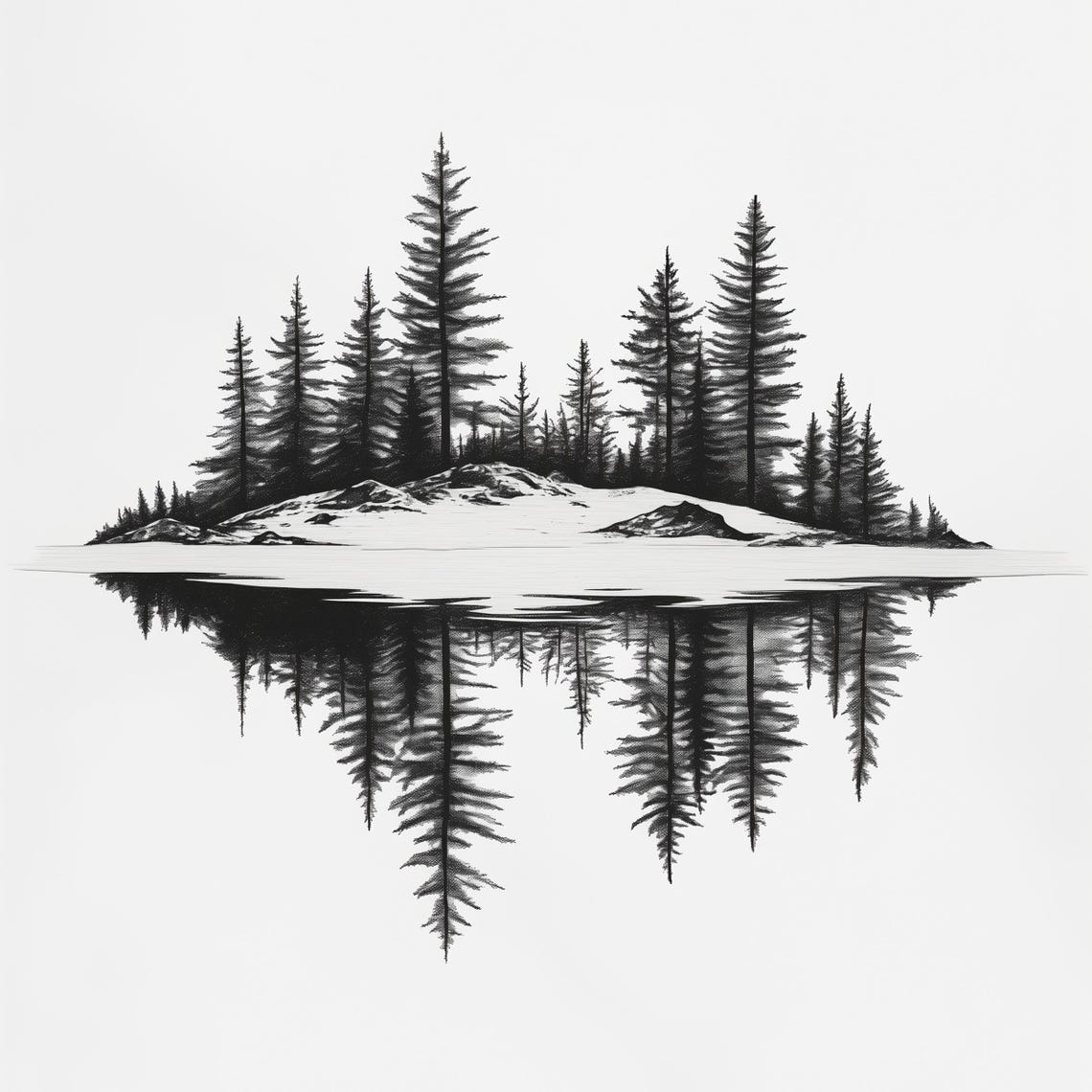 Pine Island Reflection Frozen Lake Ink Forest Landscape Poster - Image 4