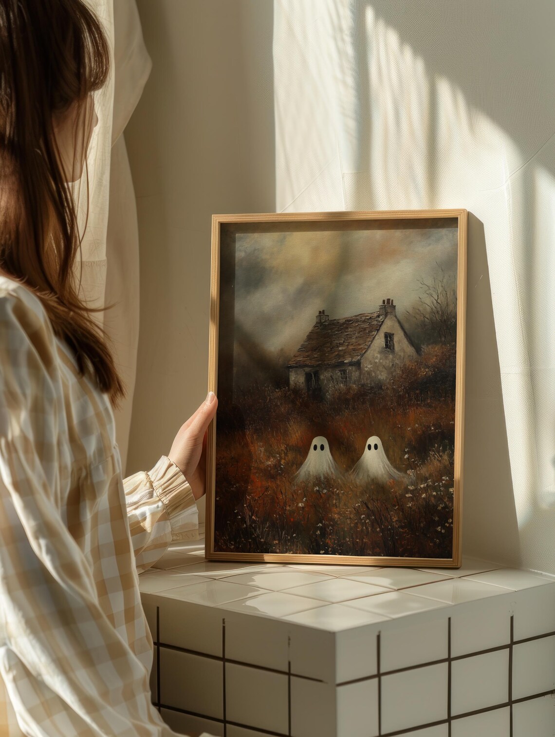 Two Ghosts by a Stone Cottage in Autumn Vintage Halloween Oil Painting Wall Art - Image 2