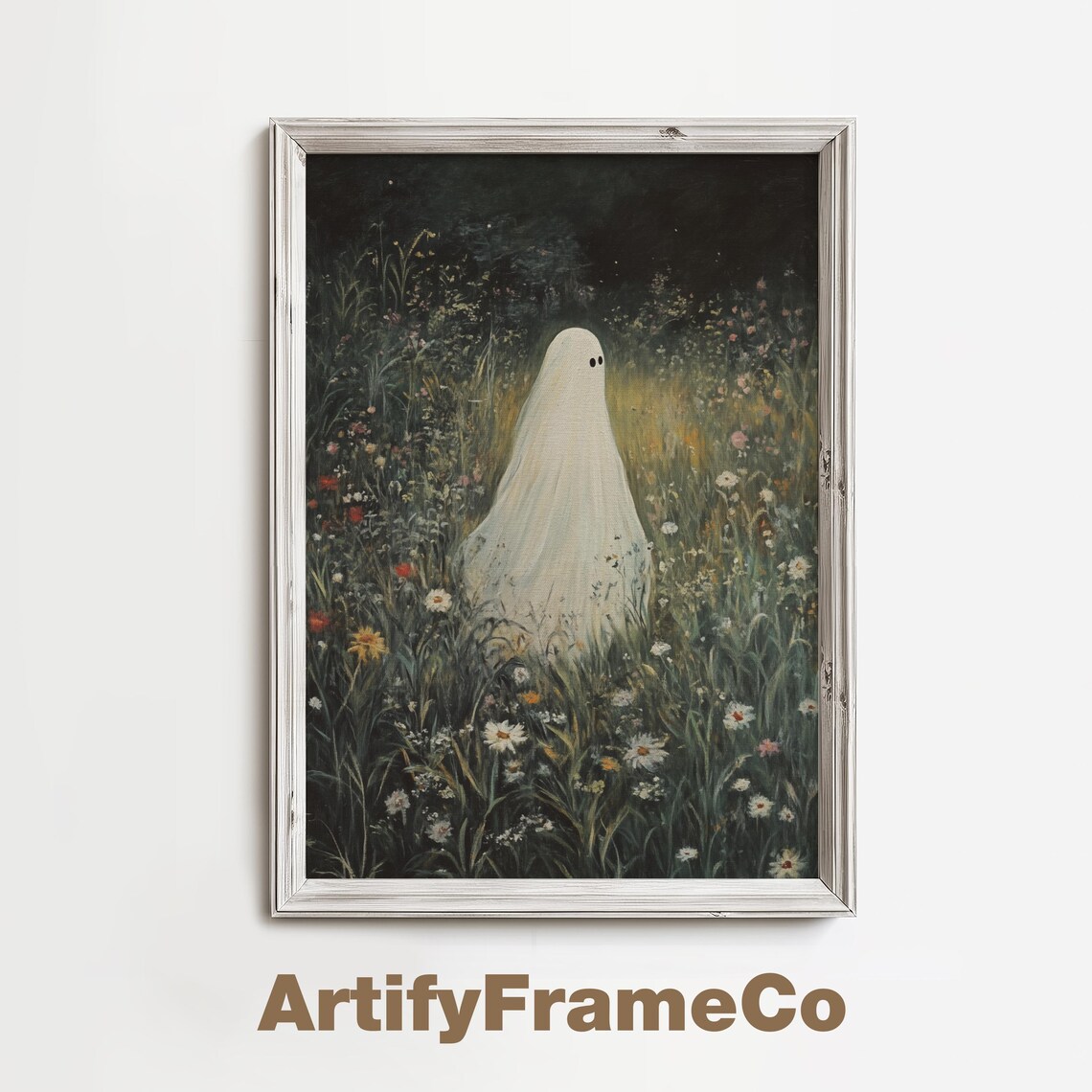 Ghost in a Wildflower Meadow at Night Vintage Halloween Oil Painting Wall Art