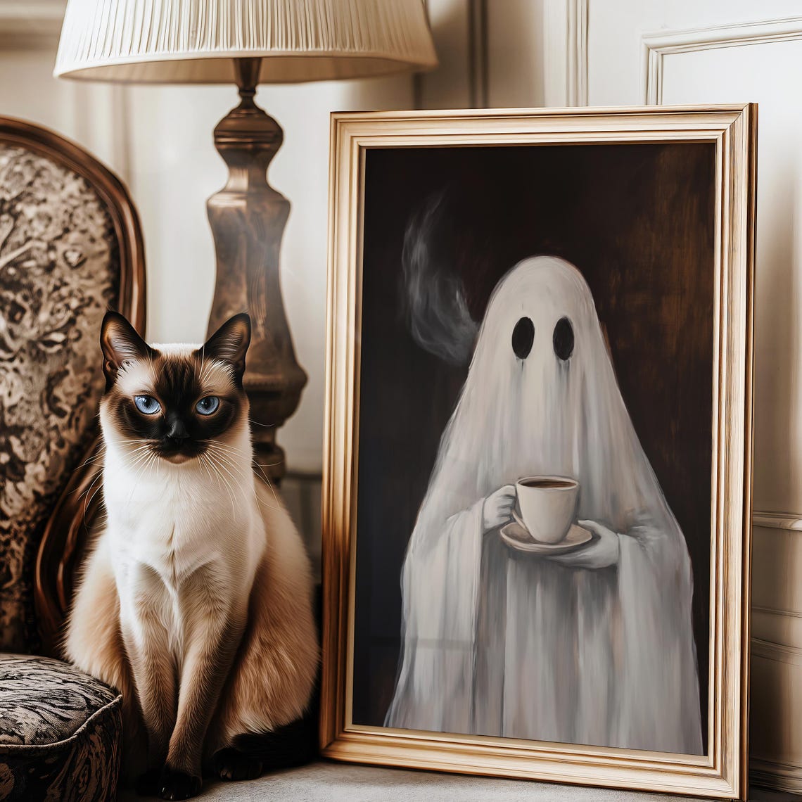 Whimsical Ghost With Coffee Wall Art Cute Halloween Decor Vintage Ghost Painting Spooky Art Print Coffee Art - Image 3