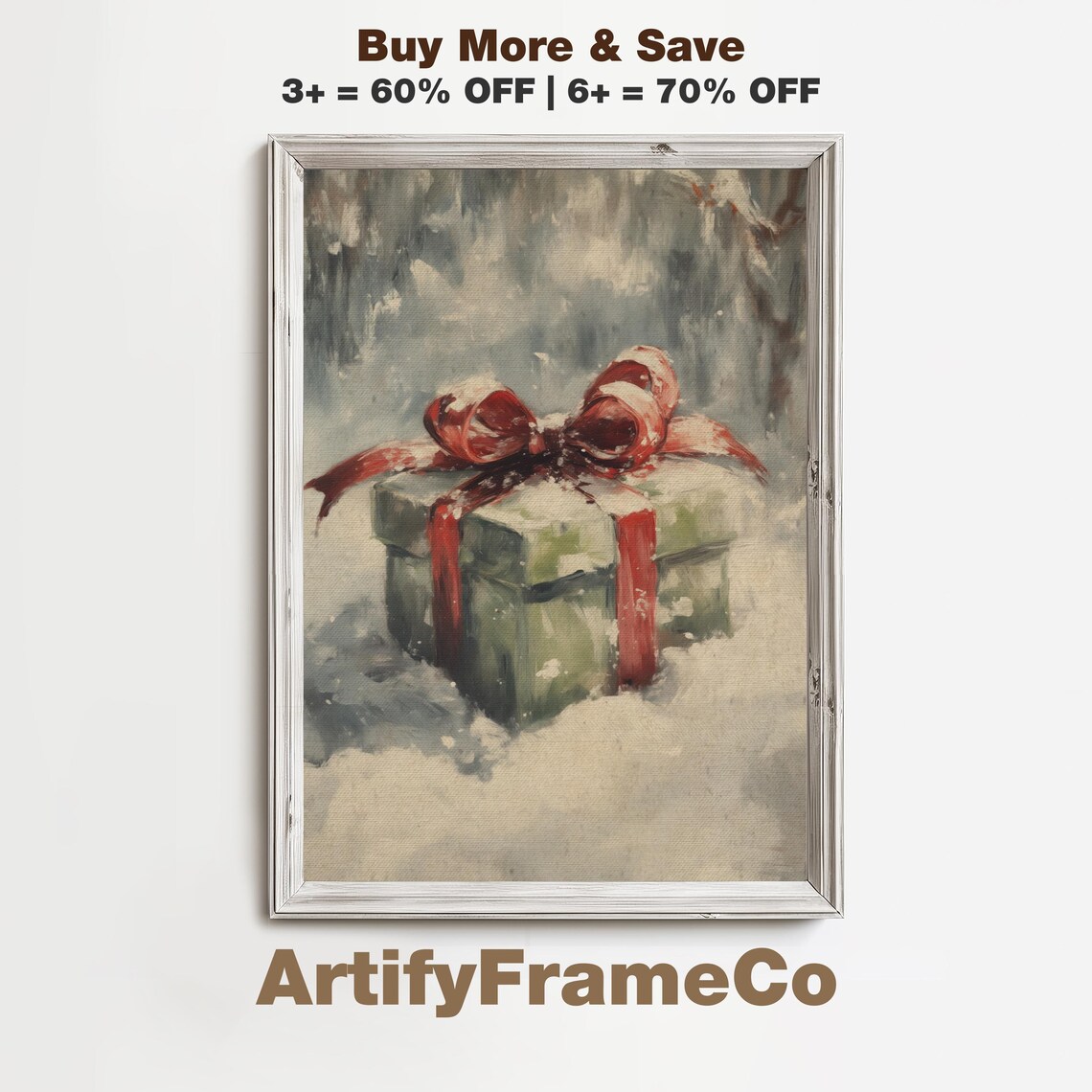 Christmas Gift Box Red Bow Resting in Snow Winter Holiday Scene Poster