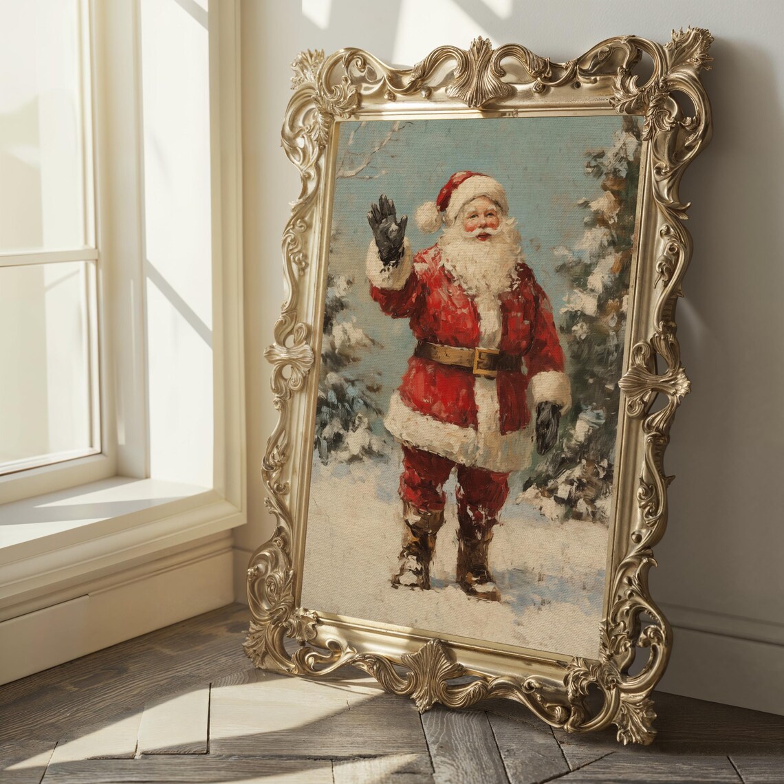 Vintage Santa Waving in Snow Cheerful Christmas Holiday Scene Poster - Image 2