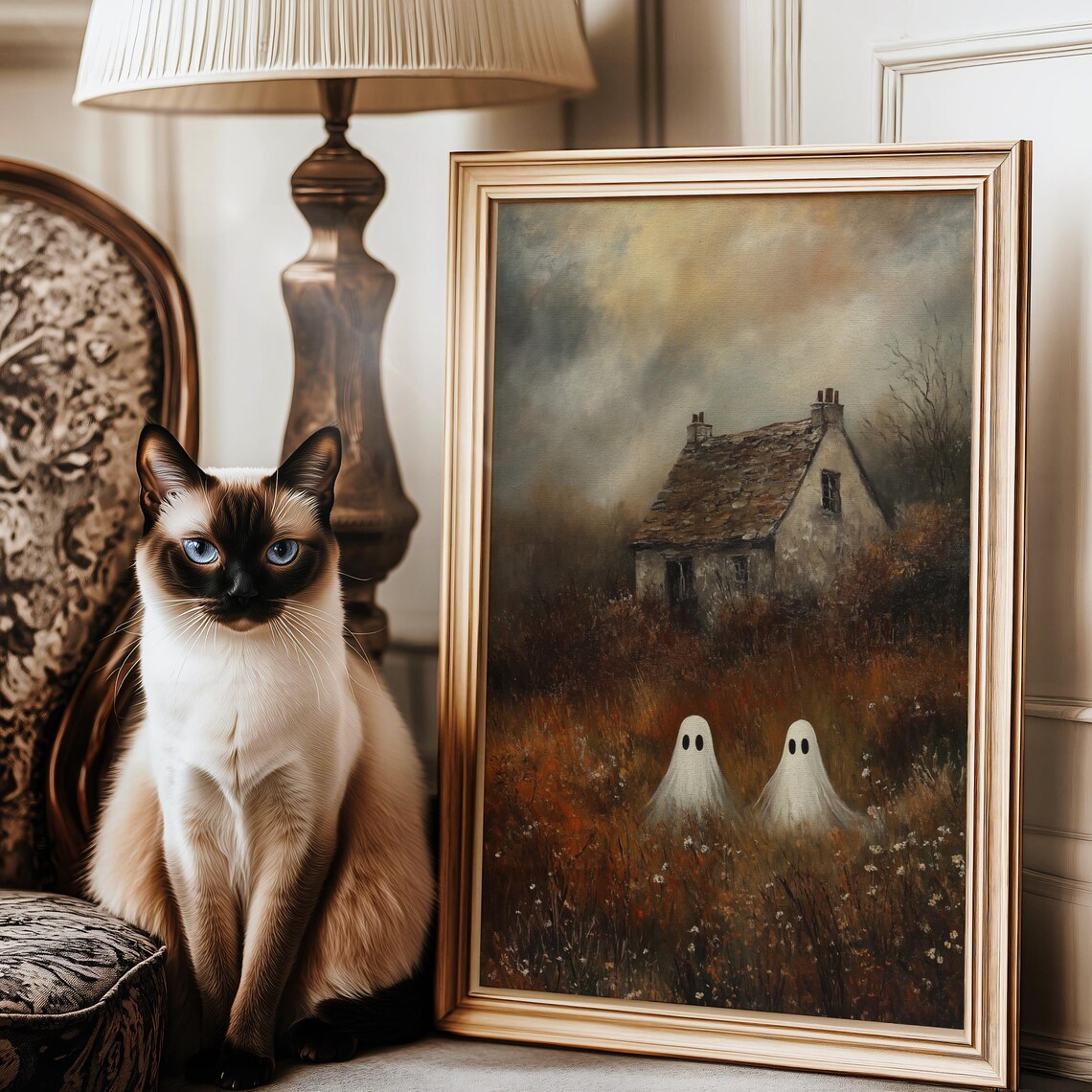 Two Ghosts by a Stone Cottage in Autumn Vintage Halloween Oil Painting Wall Art - Image 3