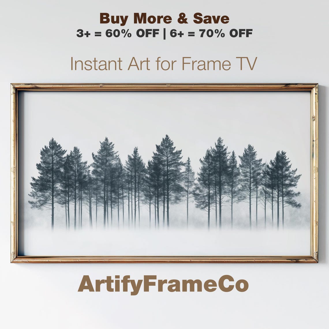 Misty Pine Forest Row Monochrome Tranquil Winter Forest Art Poster