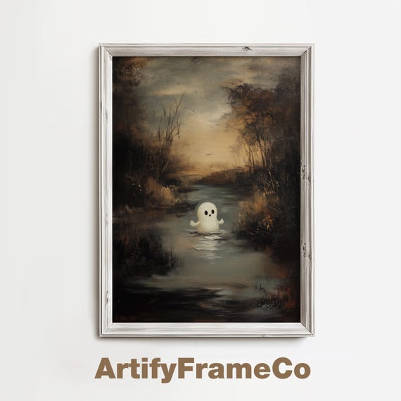 Whimsical Ghost In Countryside Oil Painting Art Cute Halloween Decor Vintage Ghost Painting Spooky Fall Art