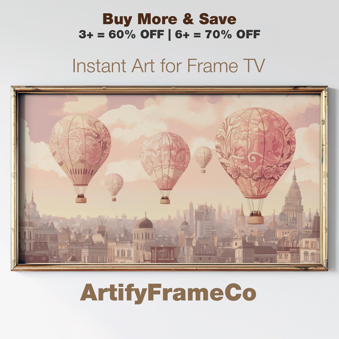 Pink Hot Air Balloons European Old Town Skyline Romantic Sunset Poster