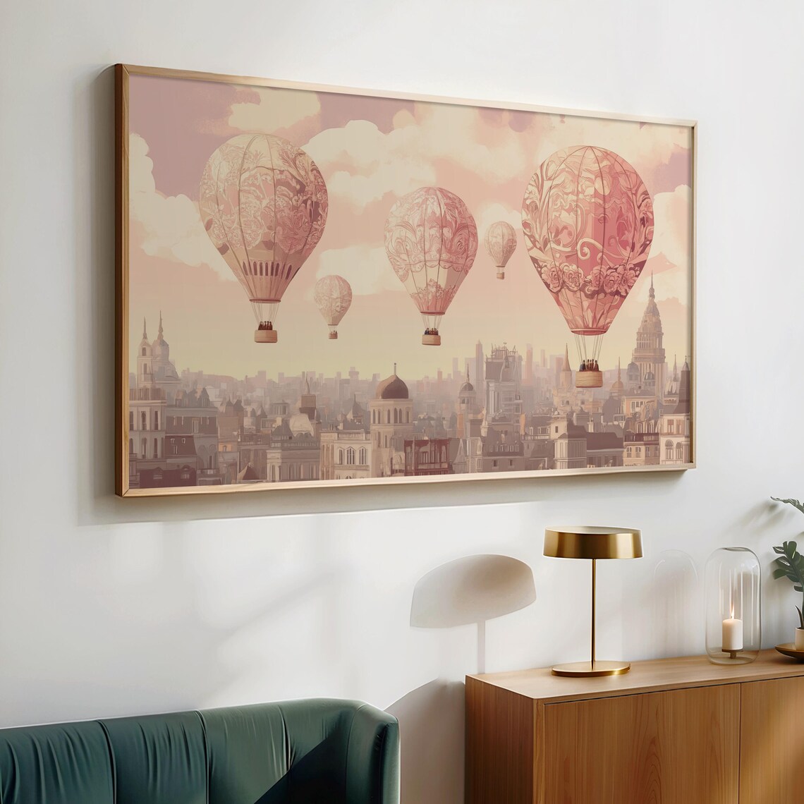 Pink Hot Air Balloons European Old Town Skyline Romantic Sunset Poster - Image 2