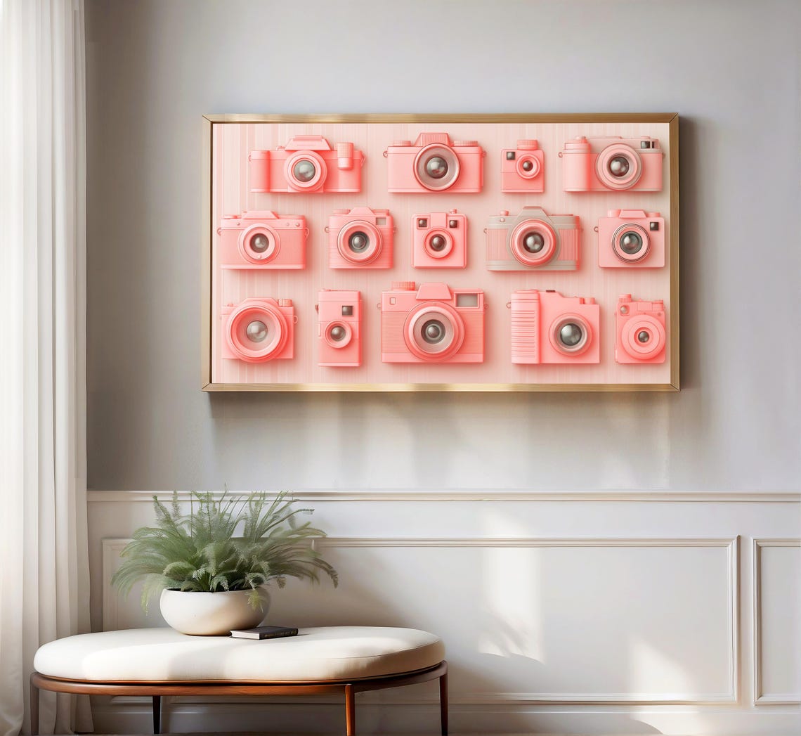 Pink Vintage Cameras Retro Photography Grid Collage Art Poster - Image 3
