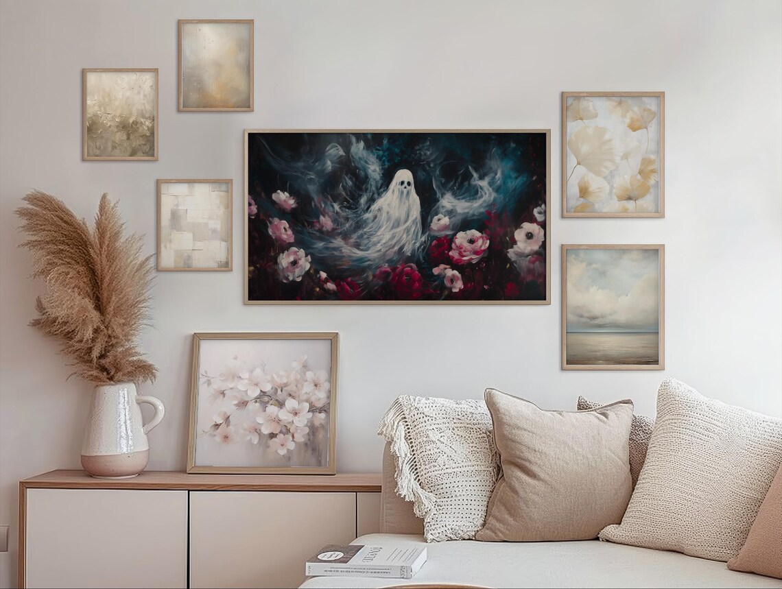 Ethereal Ghost in a Dark Floral Night Garden Moody Halloween Oil Painting Wall Art - Image 2
